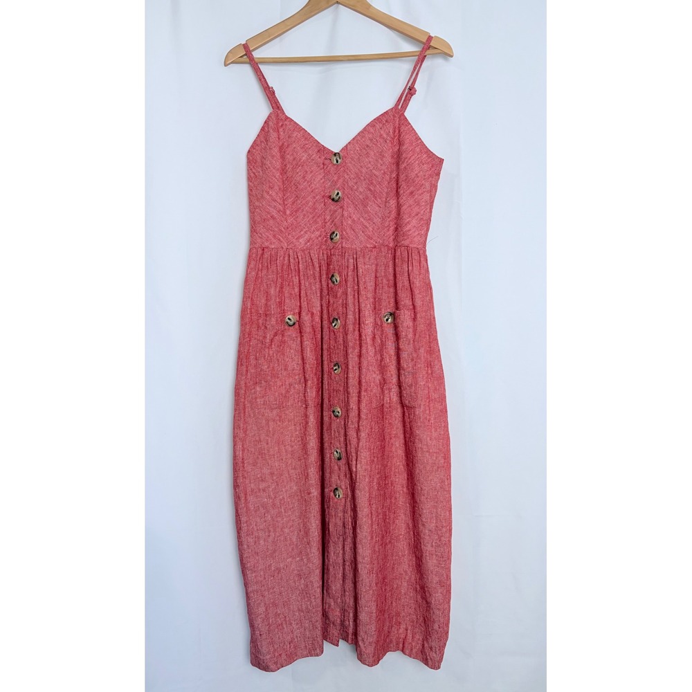 Indigo Rein Red Linen Blend Button Front Midi Dress Womens Large Pockets‎ Summer